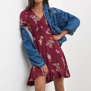 Anthropologie Maeve Women's Elisabeth Puffed Sleeve V-neck Mini Dress Maroon Sz6